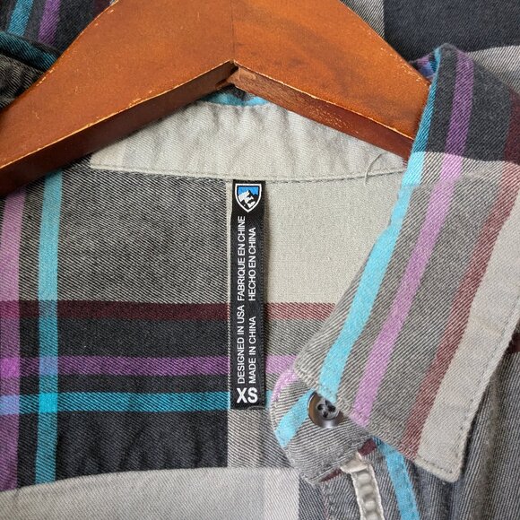 Kuhl cotton blend flannel in gray plaid with blue and purple stripes, size XS - Picture 8 of 10